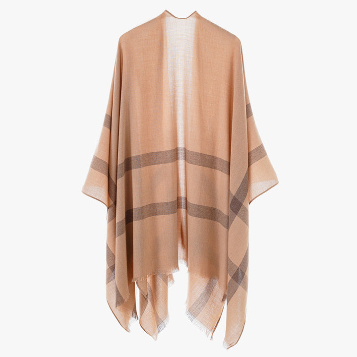 Damen leichter Feinstrick-Cape mit diagonalen Kontraststreifen und Fransen Echo Archiv