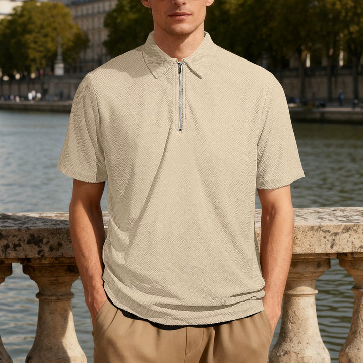 Herren nan schmal geschnittenes Halbzip-Polo mit feiner Fischgrät-Jacquardstruktur Echo Archiv