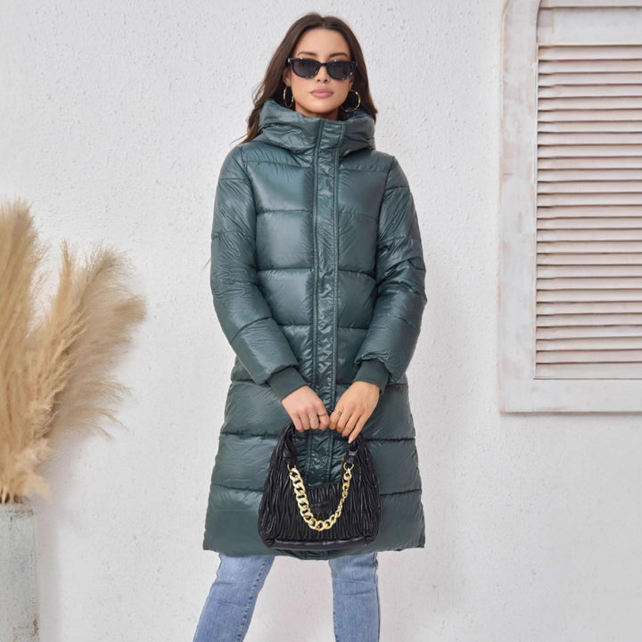 Damen Langer Puffer‑Mantel mit hohem Stehkragen, wattierter Steppung und elastischen Bündchen Echoarchiv