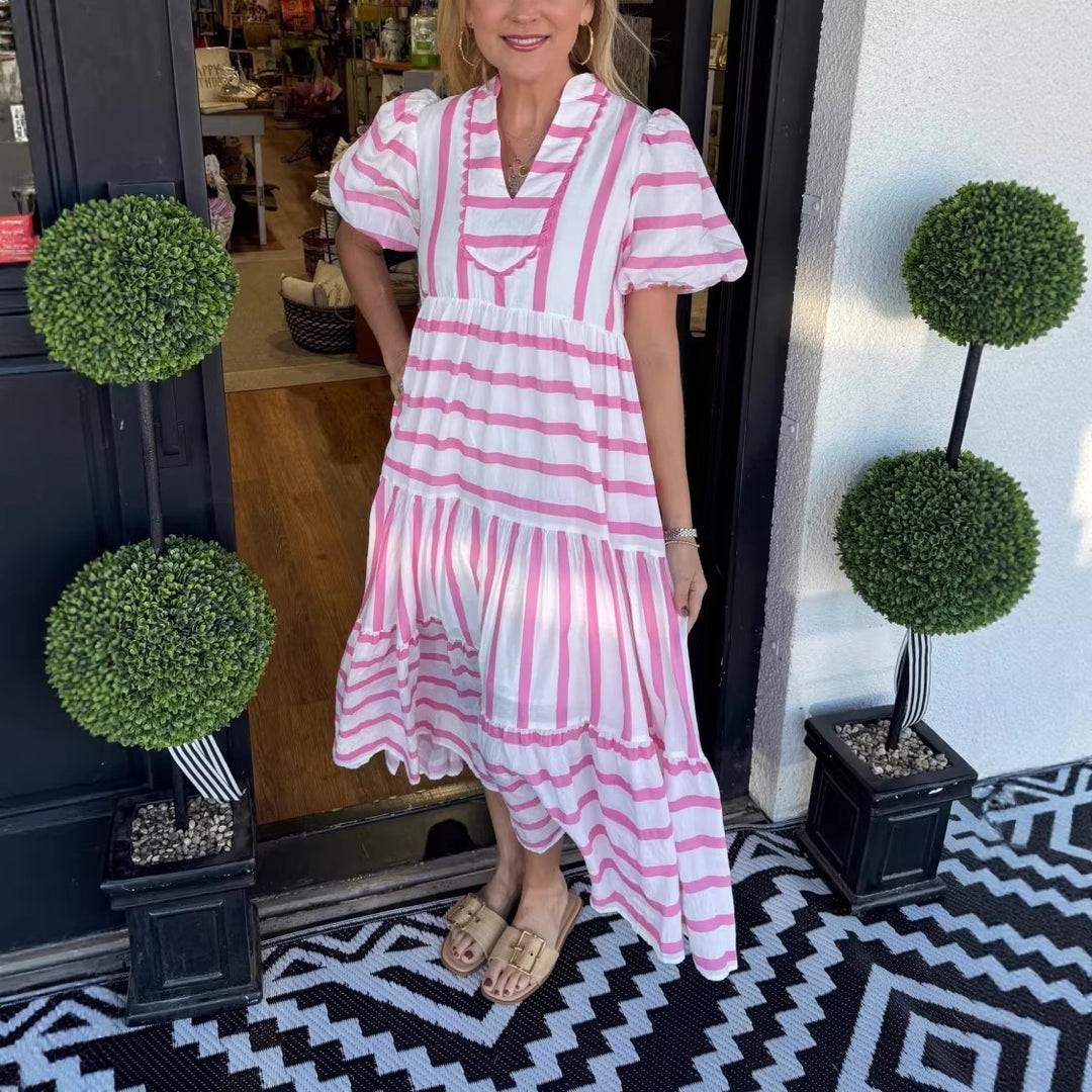 Damen Gestreiftes Maxi-Kleid mit Stufenrock, Rüschenblende und Puffärmeln Echoarchiv