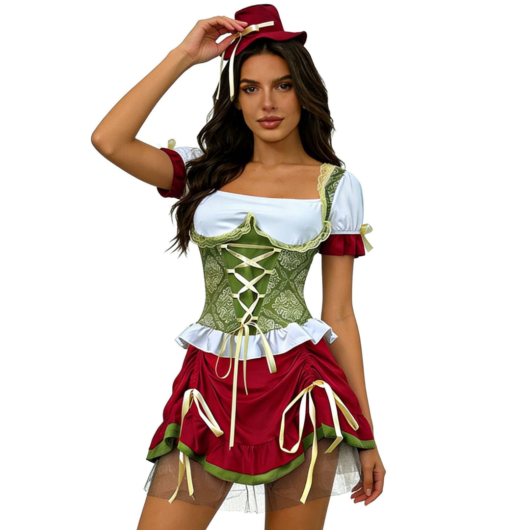 Damen nan kurzes Dirndl Trachtenkleid mit Schnürcorsage, Spitzenkragen und gerafftem Rock Echo Archiv