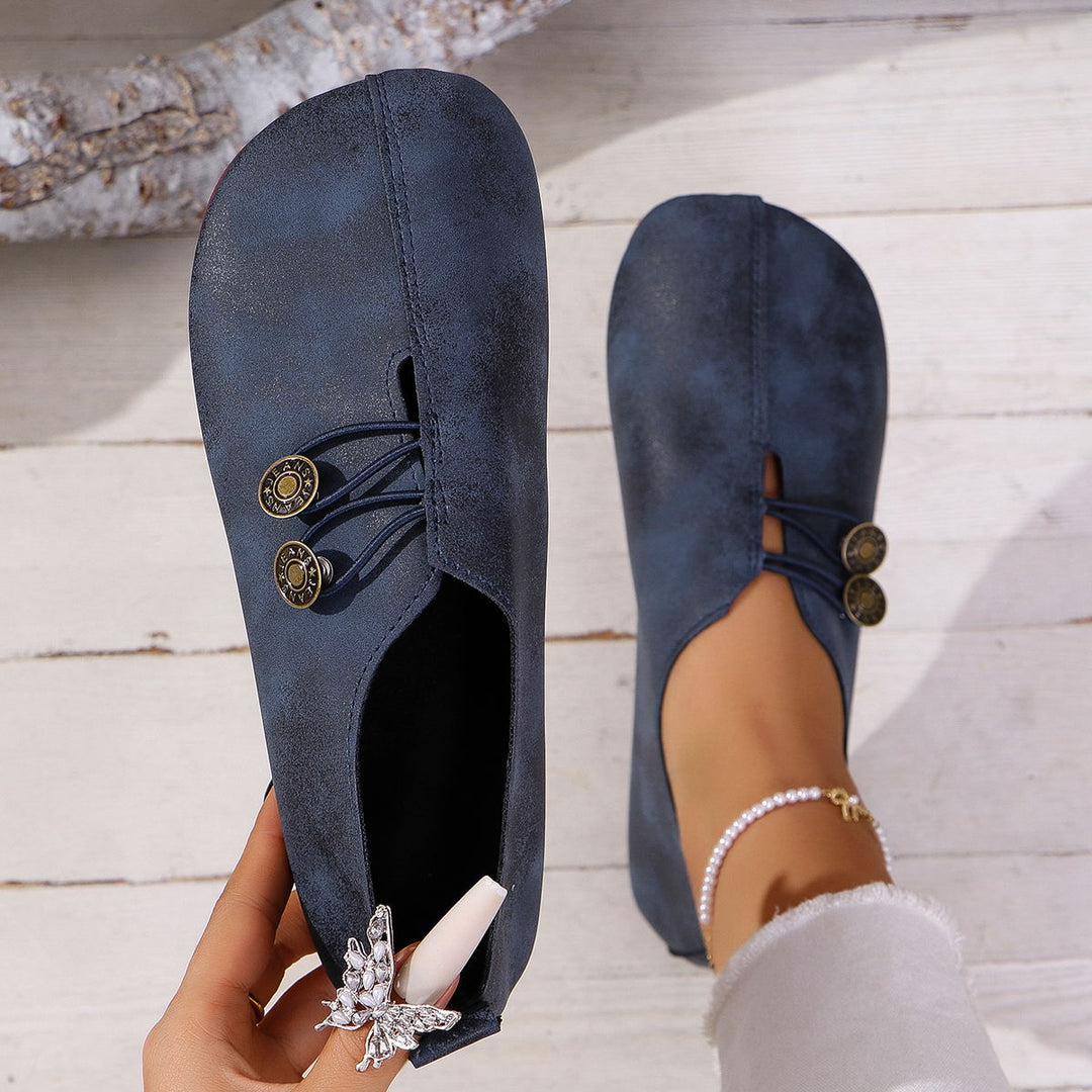 Damen nan bequeme flache Slipper Vintageoptik mit Zierknöpfen und elastischer Schnürung Echo Archiv