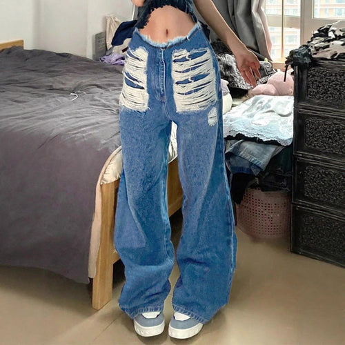 Damen hochgeschnittene weite Jeanshose aus Denim mit stark zerstörter Front und rohem Bund Echo Archiv