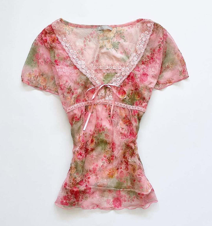 Damen florales Chiffon-Oberteil mit Spitzenakzenten Echo Archiv
