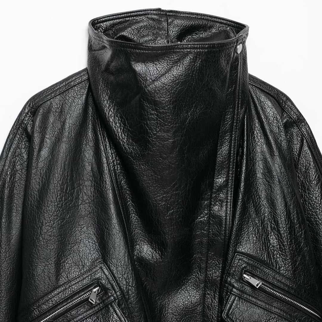 Damen Oversized Kunstlederjacke mit hohem Stehkragen und Zipper-Taschen Echoarchiv