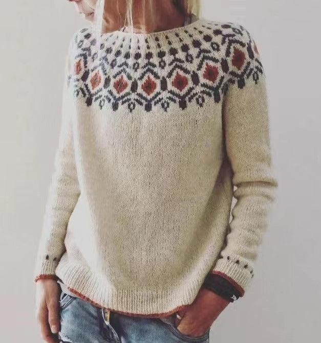 Damen nan gemusterter Norwegerstrickpullover mit weitem Rundhalsausschnitt und lässigem Oversize-Schnitt Echo Archiv