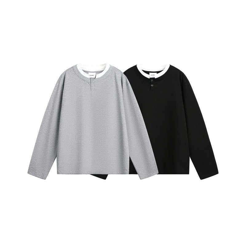 Unisex Lässiges Layering-Henley-Langarmshirt mit Kontrast-Doppelkragen Echoarchiv