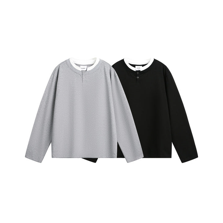 Unisex Lässiges Layering-Henley-Langarmshirt mit Kontrast-Doppelkragen Echoarchiv