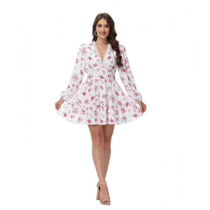 Damen Boho-florales Minikleid mit V-Ausschnitt und Puffärmeln – Élara