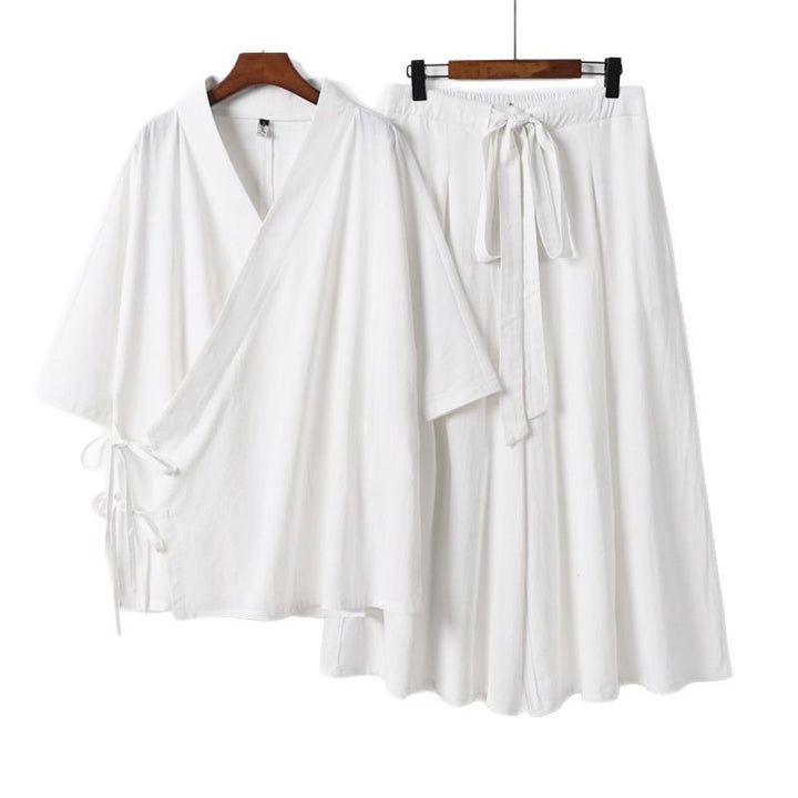 Damen Kimono-Loungewear-Set aus leichter Viskose mit Wickeloberteil und weitem Culotte-Hosenrock Echoarchiv