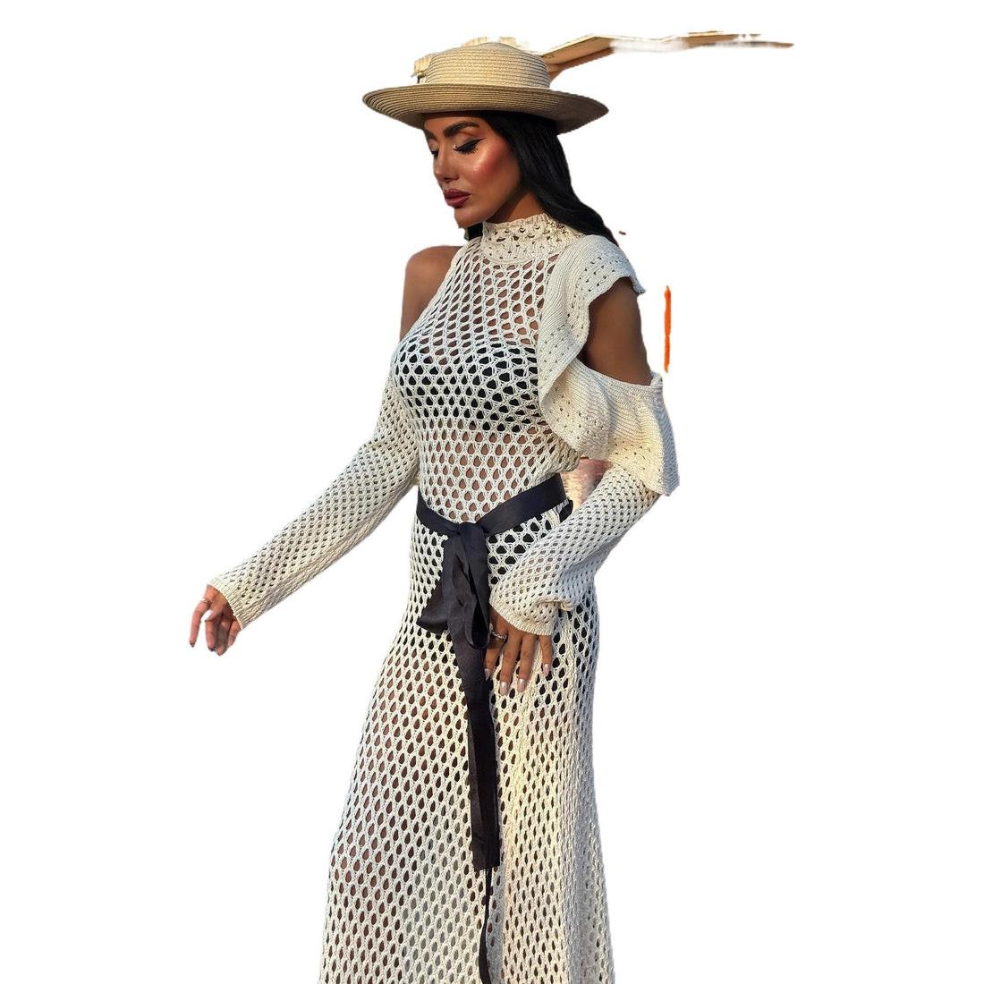 Damen schulterfreies Netzkleid mit eleganten Rüschen – Élara