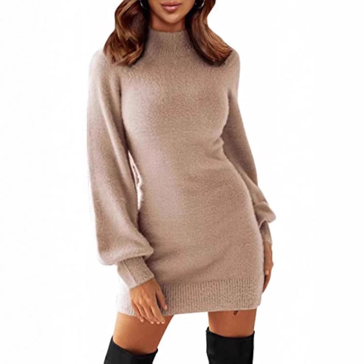 Damen Tailliertes Teddy-Strick-Minikleid mit Stehkragen und Ballonärmeln – Élara