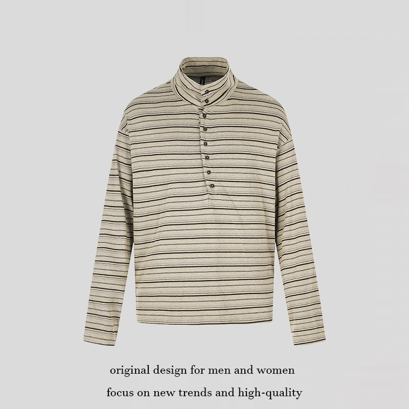 Herren Lässiges Henley-Langarmshirt mit Stehkragen und feinem Streifenmuster Echoarchiv