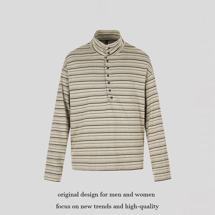 Herren Lässiges Henley-Langarmshirt mit Stehkragen und feinem Streifenmuster Echoarchiv