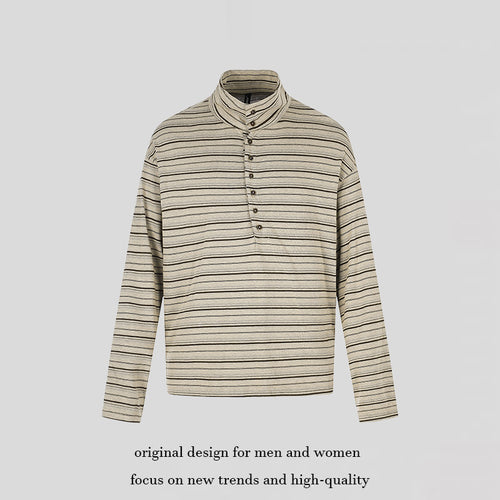 Herren Lässiges Henley-Langarmshirt mit Stehkragen und feinem Streifenmuster Echoarchiv
