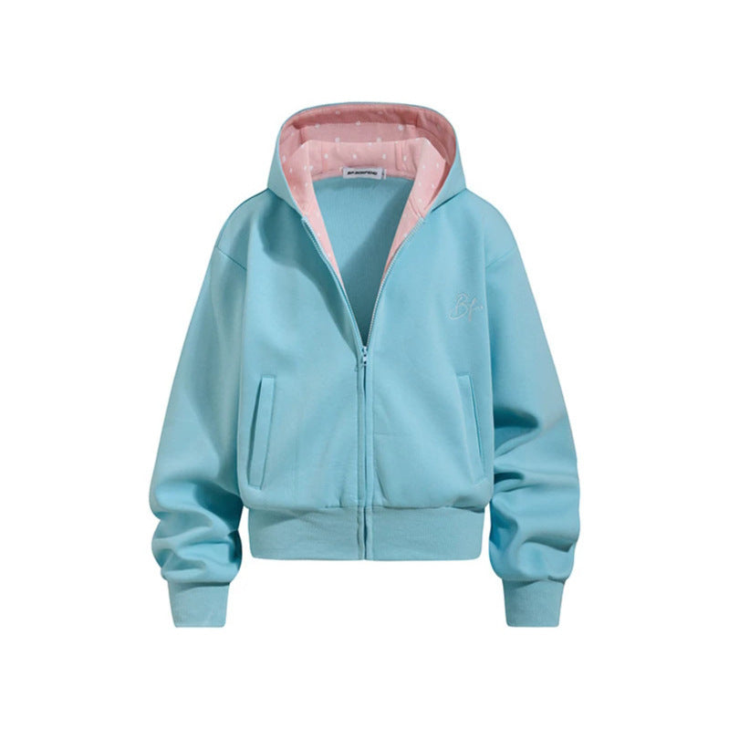 Damen Gekürzte Kapuzen-Sweatjacke mit Reißverschluss, gefütterter Kapuze und Rippbündchen Echoarchiv