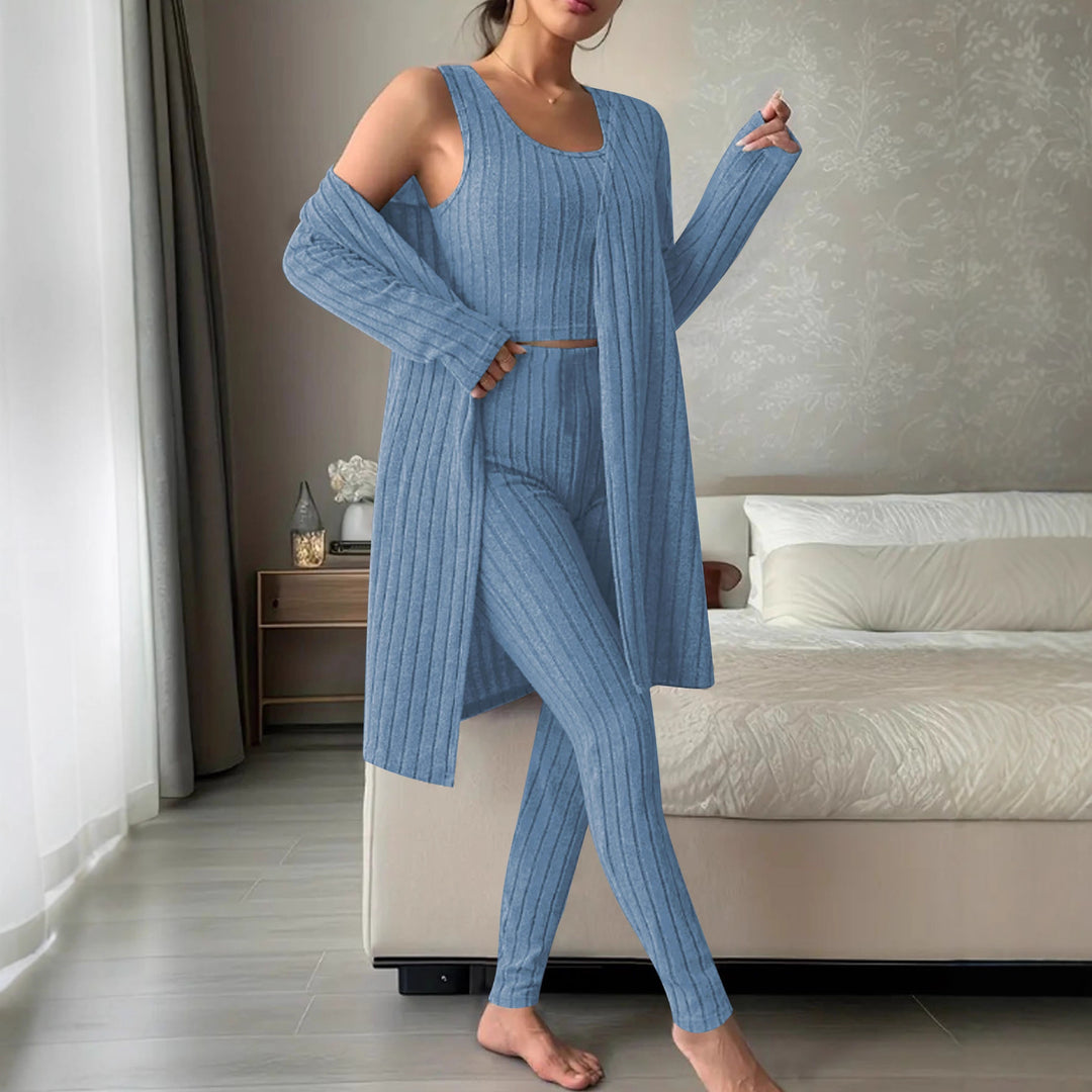 Damen Geripptes Feinstrick-Lounge-Set mit Longcardigan, kurzes Top und hochtaillierten Leggings – Élanora