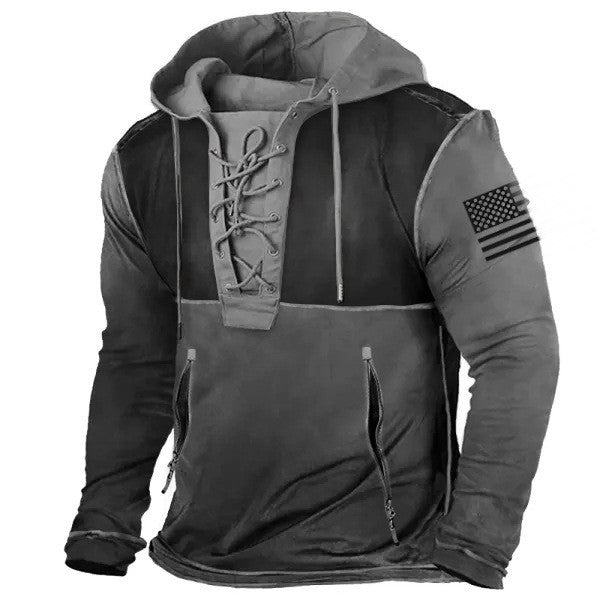Herren Kapuzenpullover mit angesagtem Schnürdetail und amerikanischem Flaggenmotiv Echoarchiv