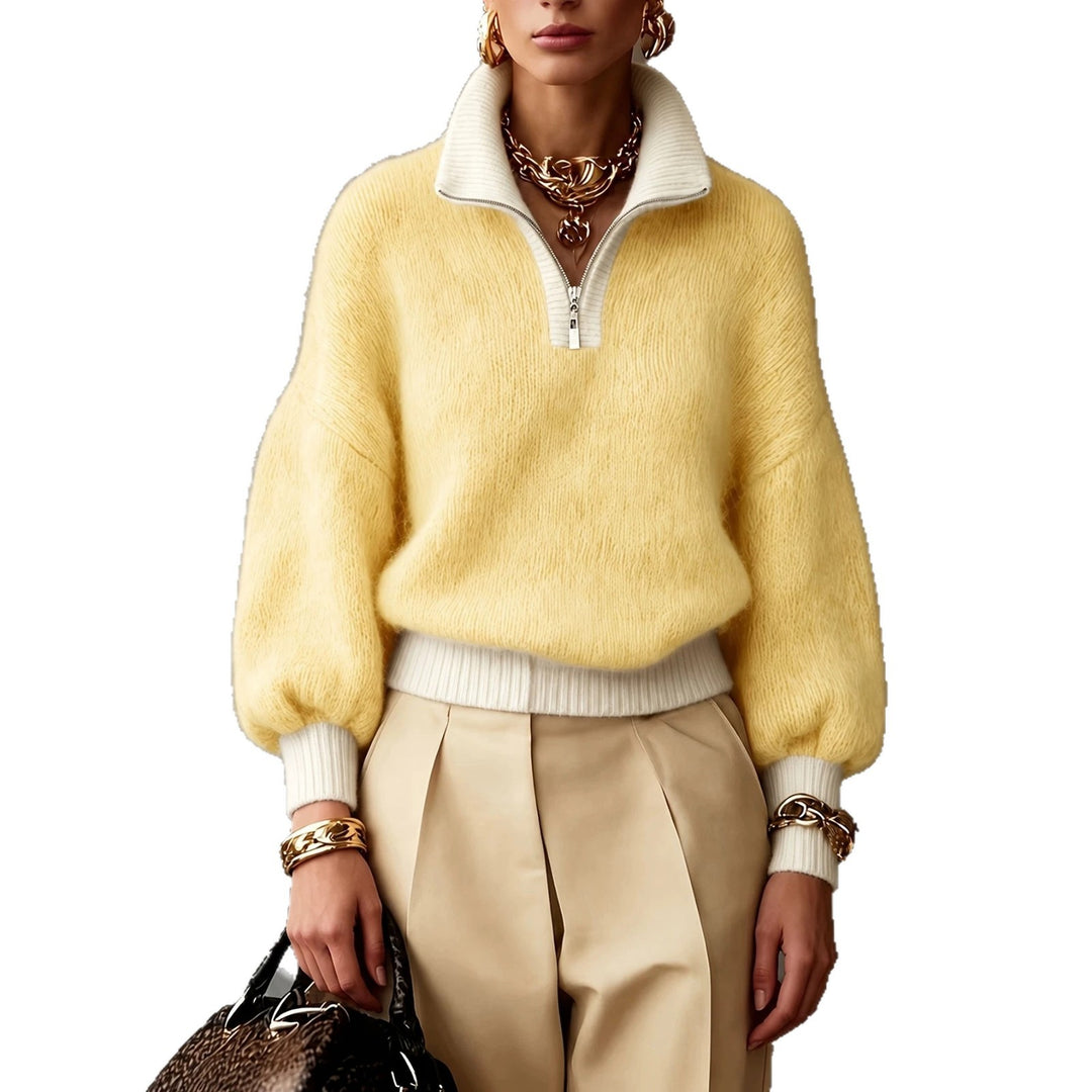 Damen Flauschiger Pullover mit halbem Reißverschluss, Stehkragen und Ballonärmeln – Mavelle