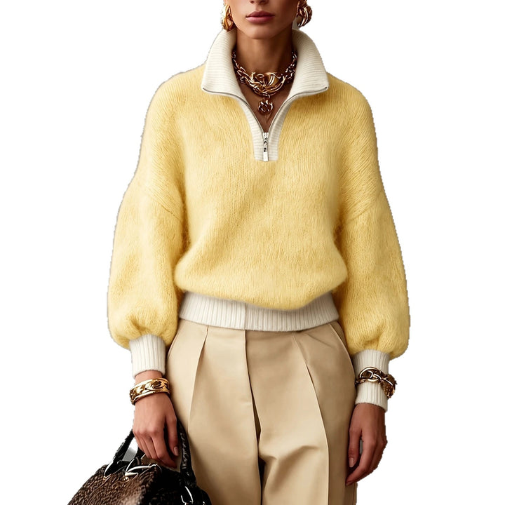 Damen Flauschiger Pullover mit halbem Reißverschluss, Stehkragen und Ballonärmeln – Mavelle
