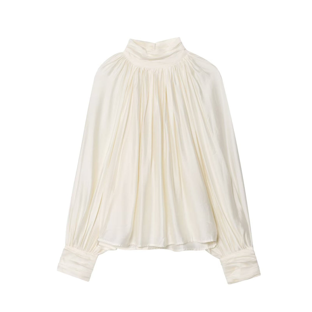 Damen Plissierte Satinbluse mit Stehkragen und Ballonärmeln Echoarchiv