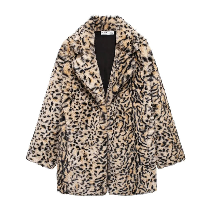 Damen oversized Kunstfellmantel mit Leopardenmuster, voluminösem Schalkragen und praktischen Eingrifftaschen – Montévia