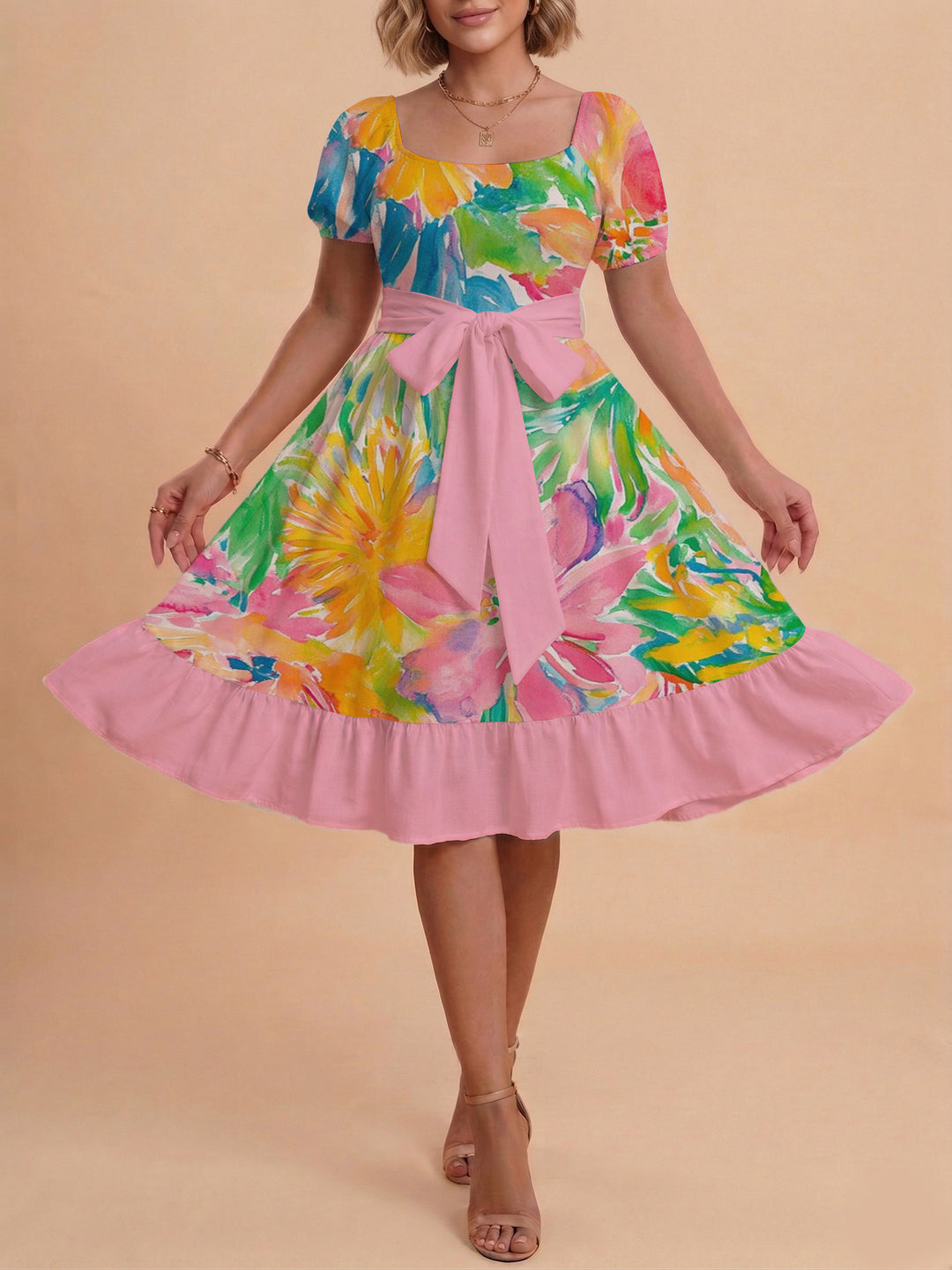 Damen Sommerkleid mit floralem Puffärmel und taillierbarem Gürtel Echo Archiv