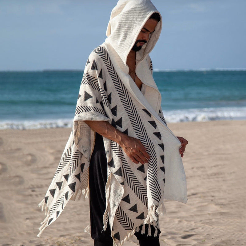 Herren Strandponcho mit Kapuze und geometrischem Jacquardmuster Echoarchiv