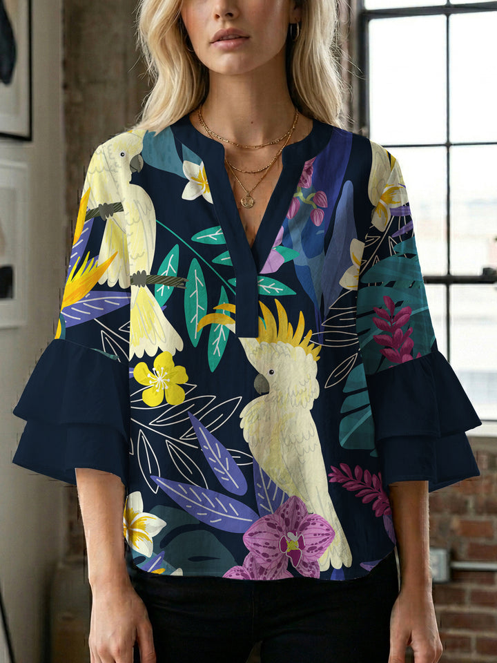 Damen Bluse mit voluminösen Rüschenärmeln und floralem Druck Echo Archiv