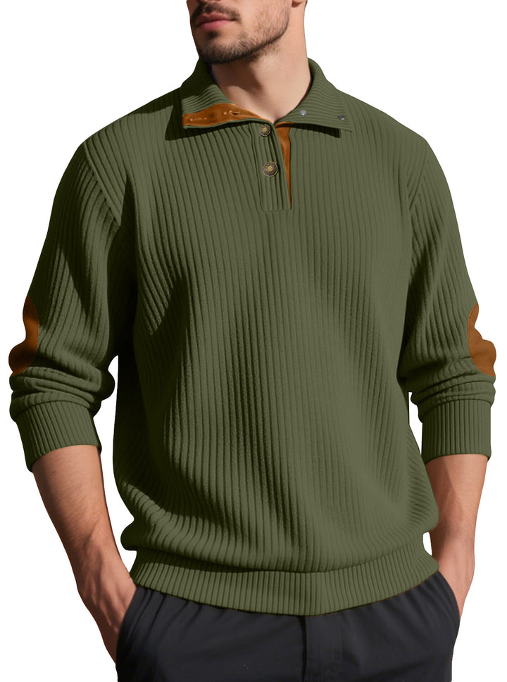 Herren nan Rippstrick-Halbknopf-Pullover mit Kentkragen und Lederbesatz Echo Archiv