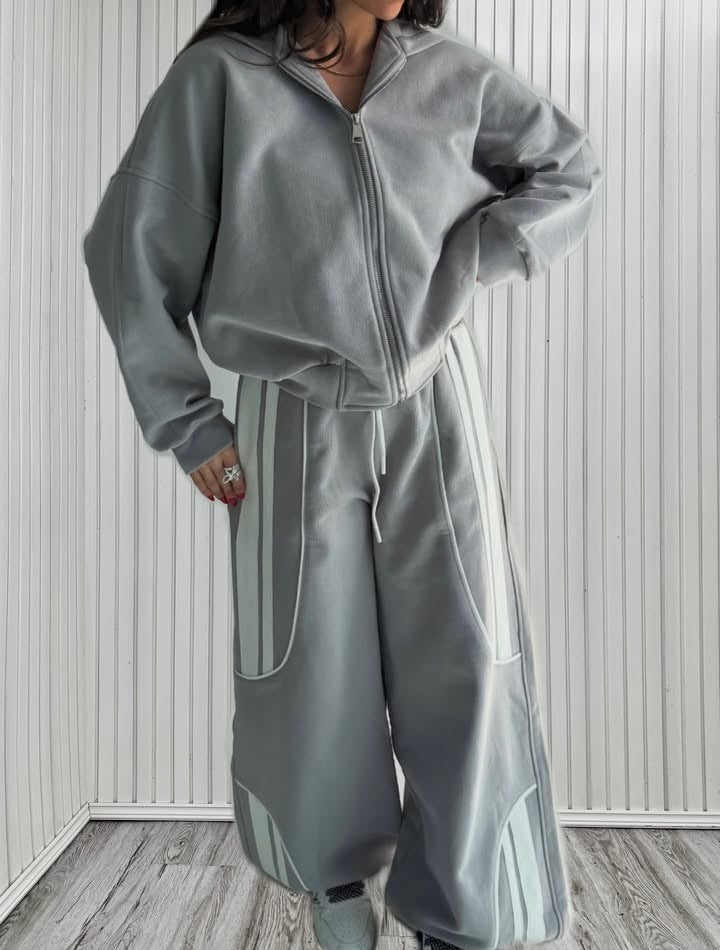 Damen Oversize Kapuzen-Sweatjacke mit Reißverschluss und weitem Trackpant-Set – Auréline