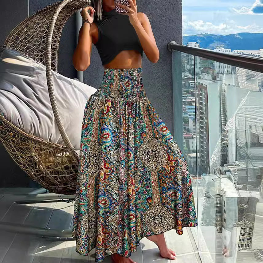 Damen nan Maxirock mit hoher Smok-Taillenpartie und fließender Boho-Faltenoptik Echo Archiv