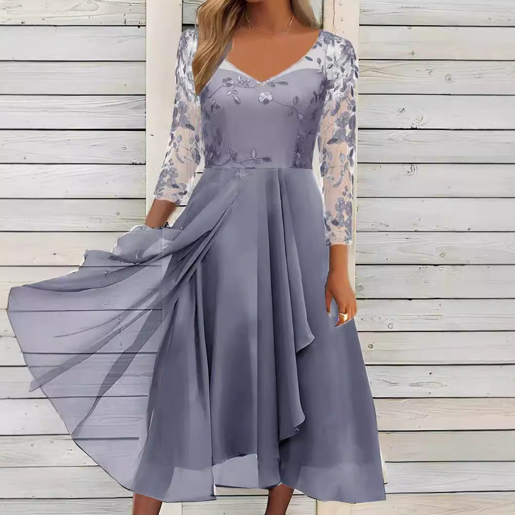 Damen nan elegantes Midikleid mit besticktem Tülloberteil, transparenten Dreiviertelärmeln und mehrlagigem Drapé-Rock Echo Archiv