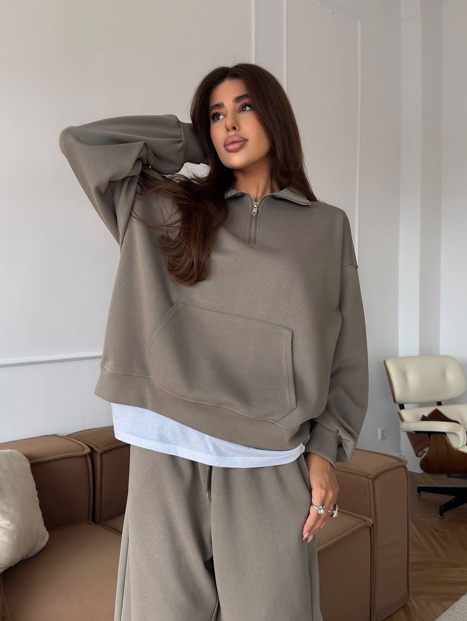 Damen nan weites Halfzip-Lounge-Set mit Kapuzenpullover, Kängurutasche und fließender Wide-Leg-Hose Echo Archiv