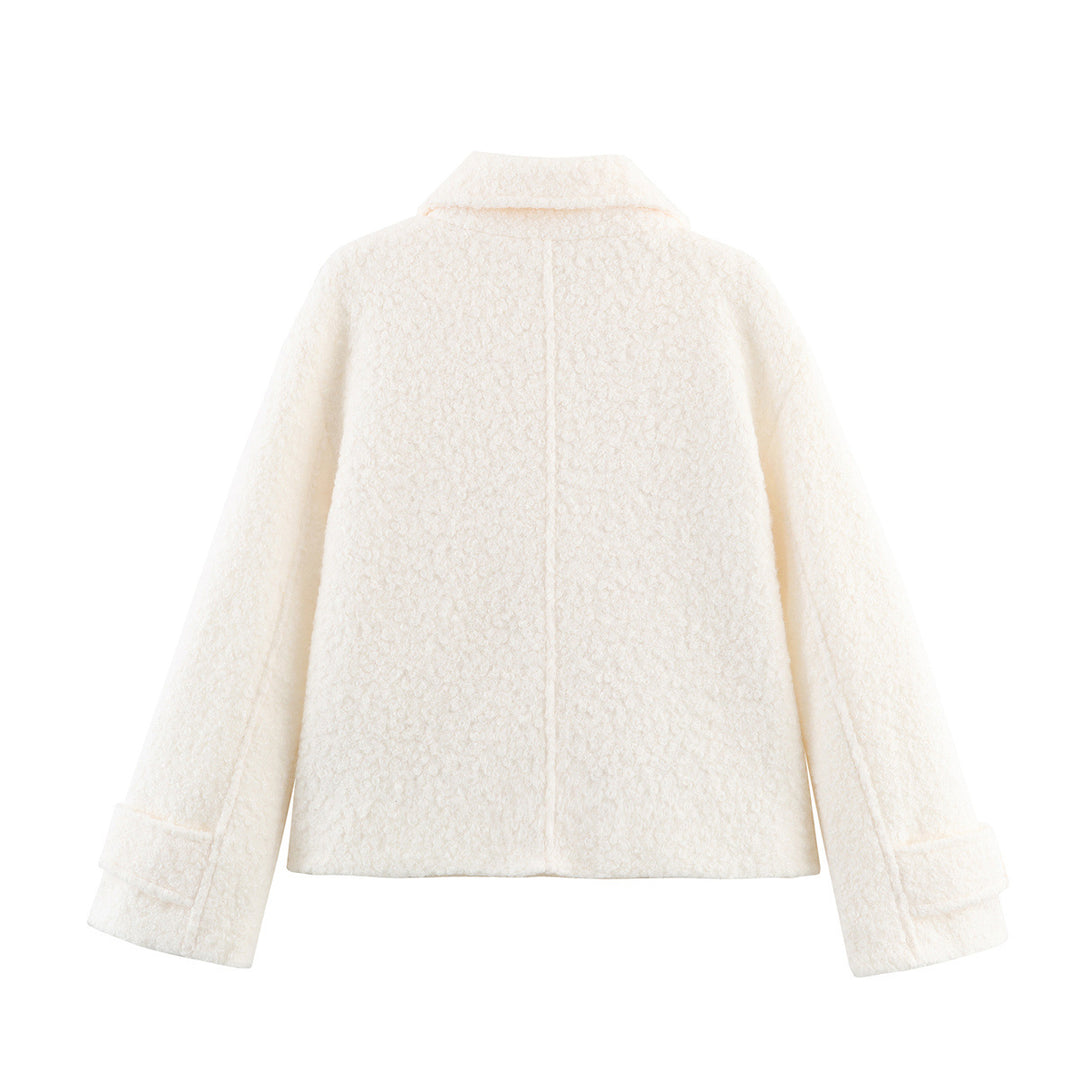 Damen kastige Bouclé-Jacke mit kurzem Schnitt, doppelreihiger Knopfleiste und Manschettenriegel – Célinea
