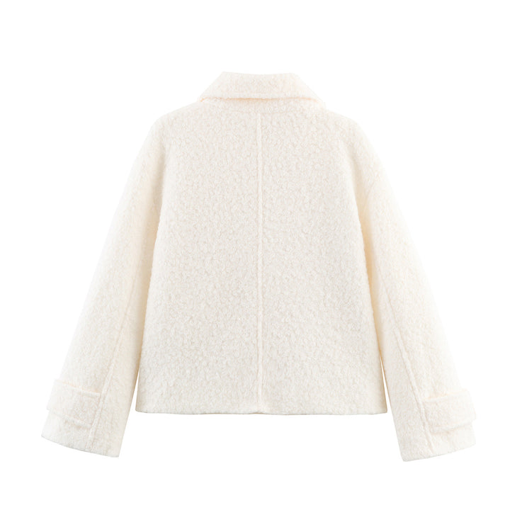 Damen kastige Bouclé-Jacke mit kurzem Schnitt, doppelreihiger Knopfleiste und Manschettenriegel – Célinea