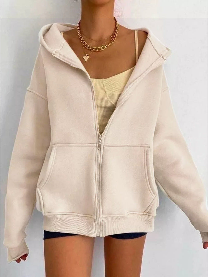 Damen nan minimalistisches French-Terry Zip-Hoodie mit durchgehendem Reißverschluss, Kängurutasche und Daumenloch-Ärmeln Echo Archiv