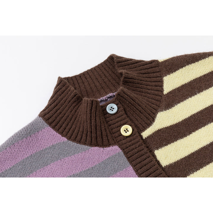 Damen Strickjacke im Patchwork-Streifenmix mit Stehkragen und Knopfleiste Echoarchiv