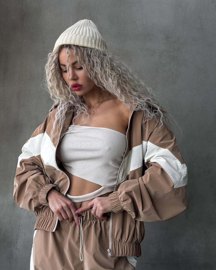 Damen Zweiteiliges Oversized Windbreaker-Set mit Kontraststreifen, Elastischem Saum und Tunnelzughose – Élanora