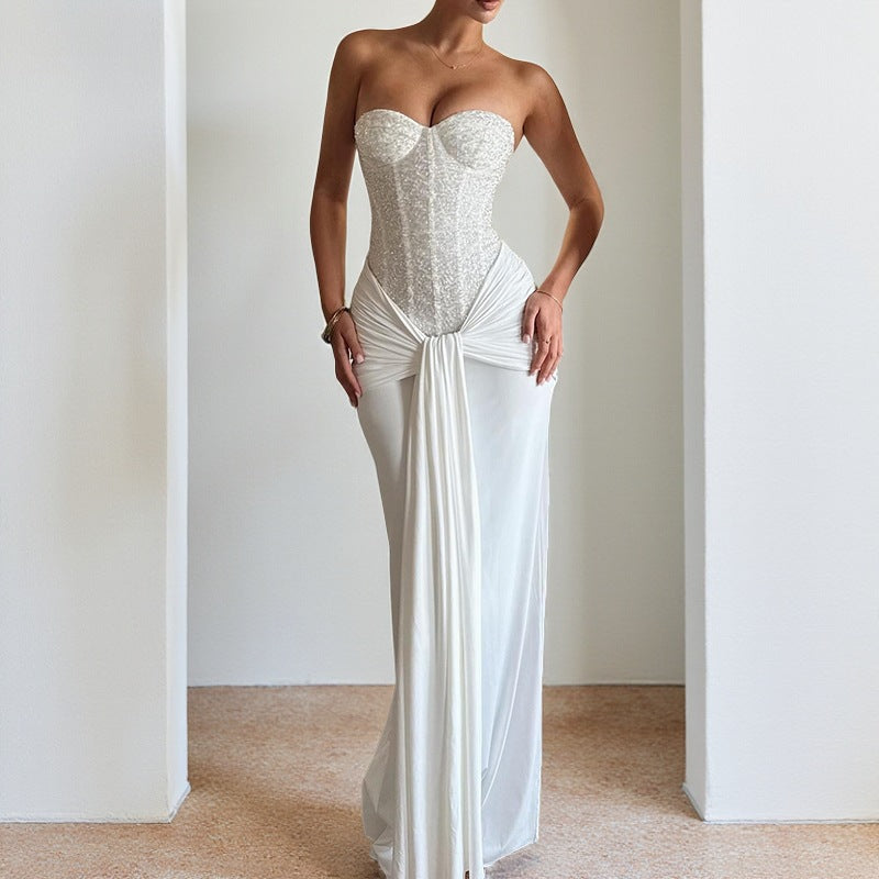 Damen schickes Maxikleid mit elegantem Bustier-Oberteil und gerafftem Rock Echo Archiv