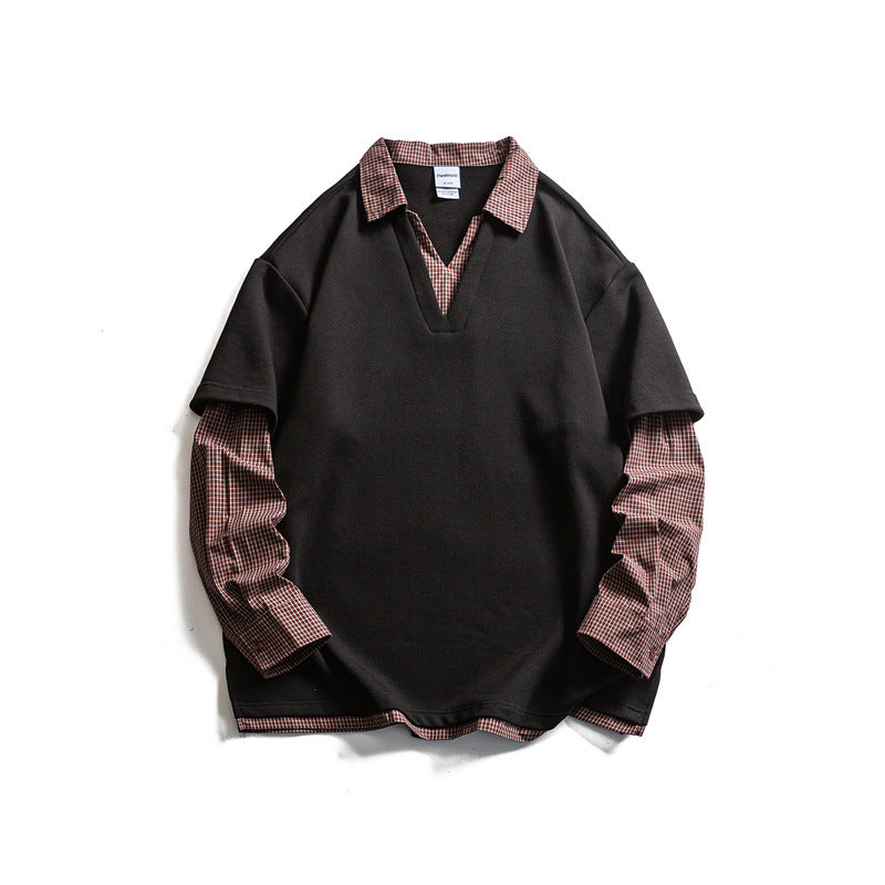 Herren Lagenlook-Pullover mit integriertem Karo-Hemdkragen und eingesetzten Hemdärmeln Echoarchiv