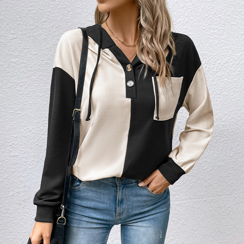 Damen Lässiges Hoodie-Oberteil mit Knopfleiste und Farbblock-Design Echo Archiv