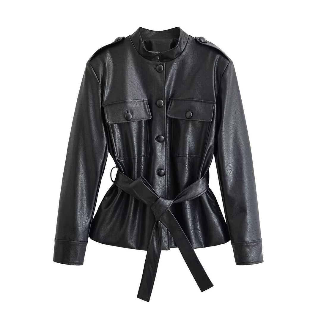 Damen Taillierte Kunstlederjacke mit Bindegürtel, Stehkragen und Pattentaschen Echo Archiv