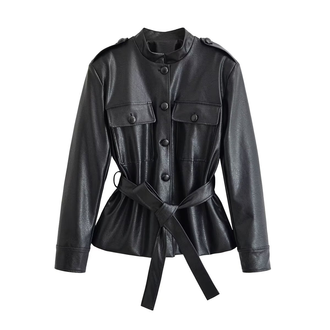 Damen Taillierte Kunstlederjacke mit Bindegürtel, Stehkragen und Pattentaschen Echo Archiv