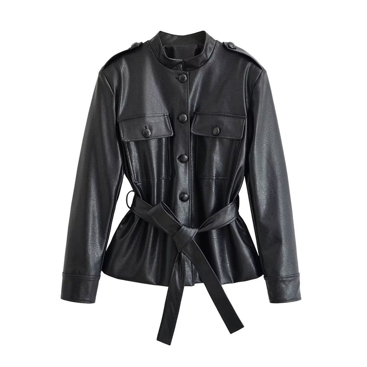 Damen Taillierte Kunstlederjacke mit Bindegürtel, Stehkragen und Pattentaschen Echo Archiv