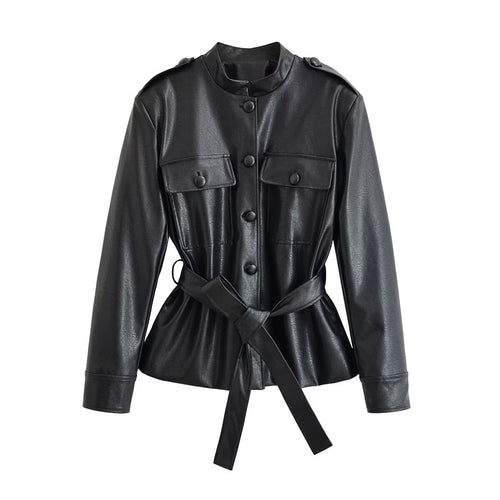 Damen Taillierte Kunstlederjacke mit Bindegürtel, Stehkragen und Pattentaschen Echo Archiv