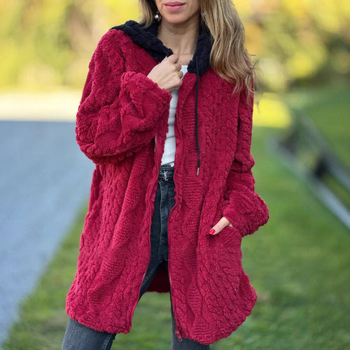 Damen nan oversized Teddy-Manteljacke mit Kontrastkapuze, Reißverschluss und Eingrifftaschen Echo Archiv