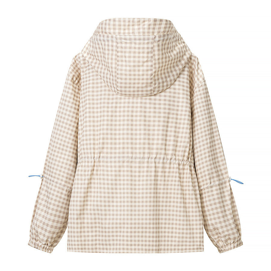 Damen Leichte Kapuzenjacke im Karo-Muster mit Tunnelzug und Reißverschlusstaschen Echoarchiv