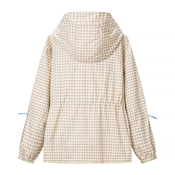 Damen Leichte Kapuzenjacke im Karo-Muster mit Tunnelzug und Reißverschlusstaschen Echoarchiv