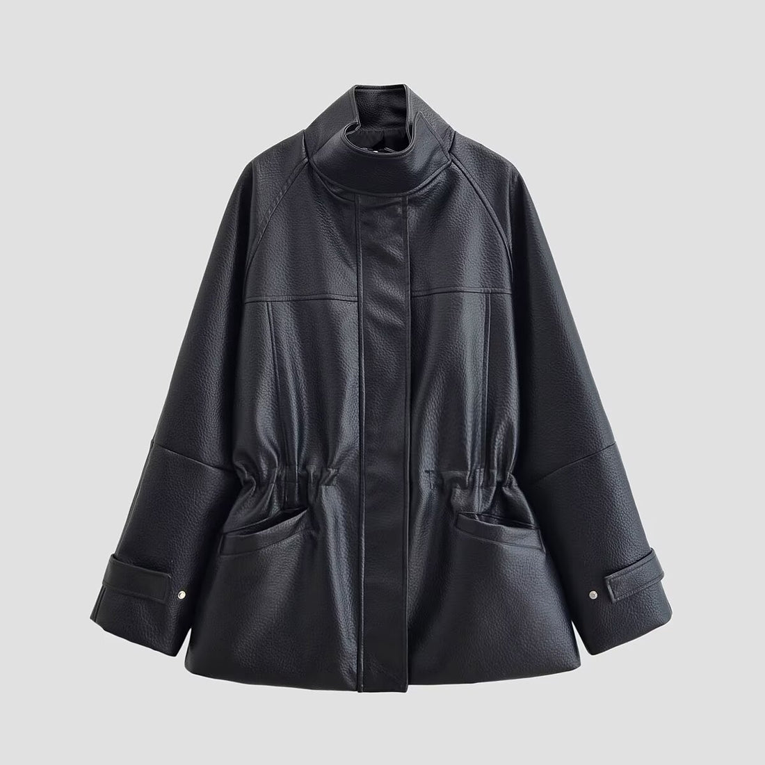 Damen Oversize-Kunstlederjacke mit Stehkragen, Taillen-Tunnelzug und aufgesetzten Taschen Echo Archiv